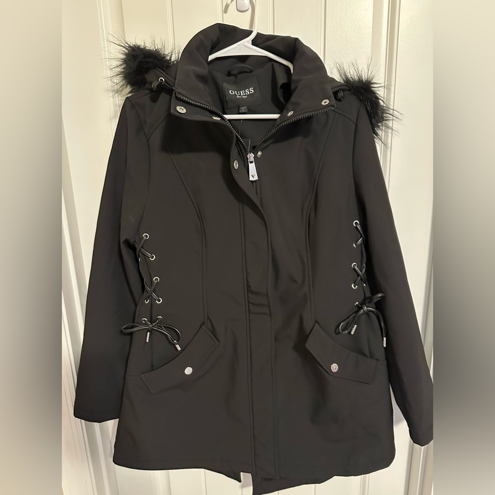 🆕 Guess Black Hooded Coat with Fur Trim - Picture 8 of 10